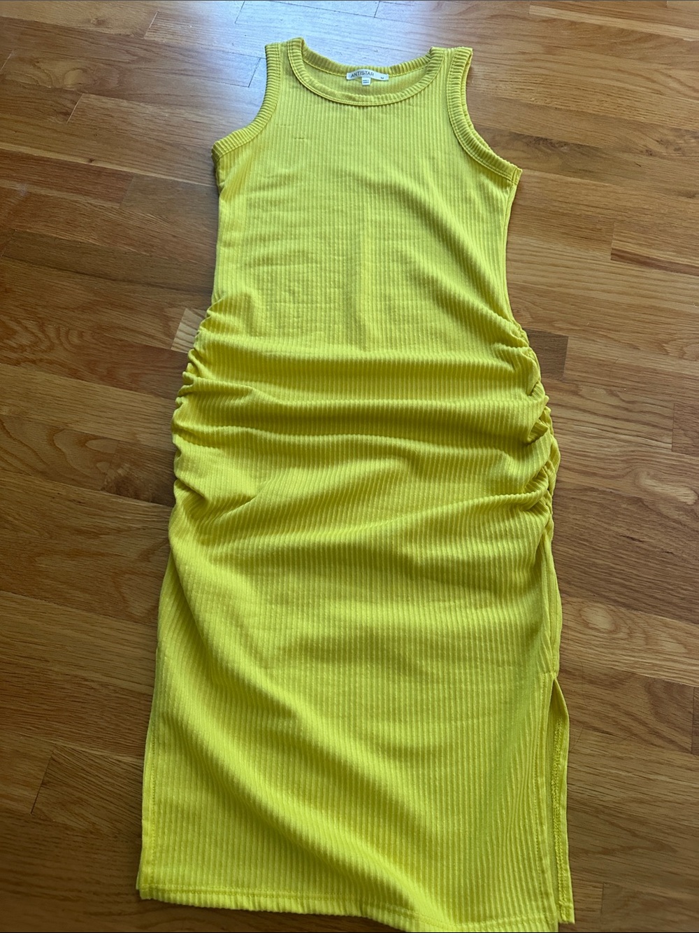 Anistar- bright yellow ribbed body con long dress/ size-Med